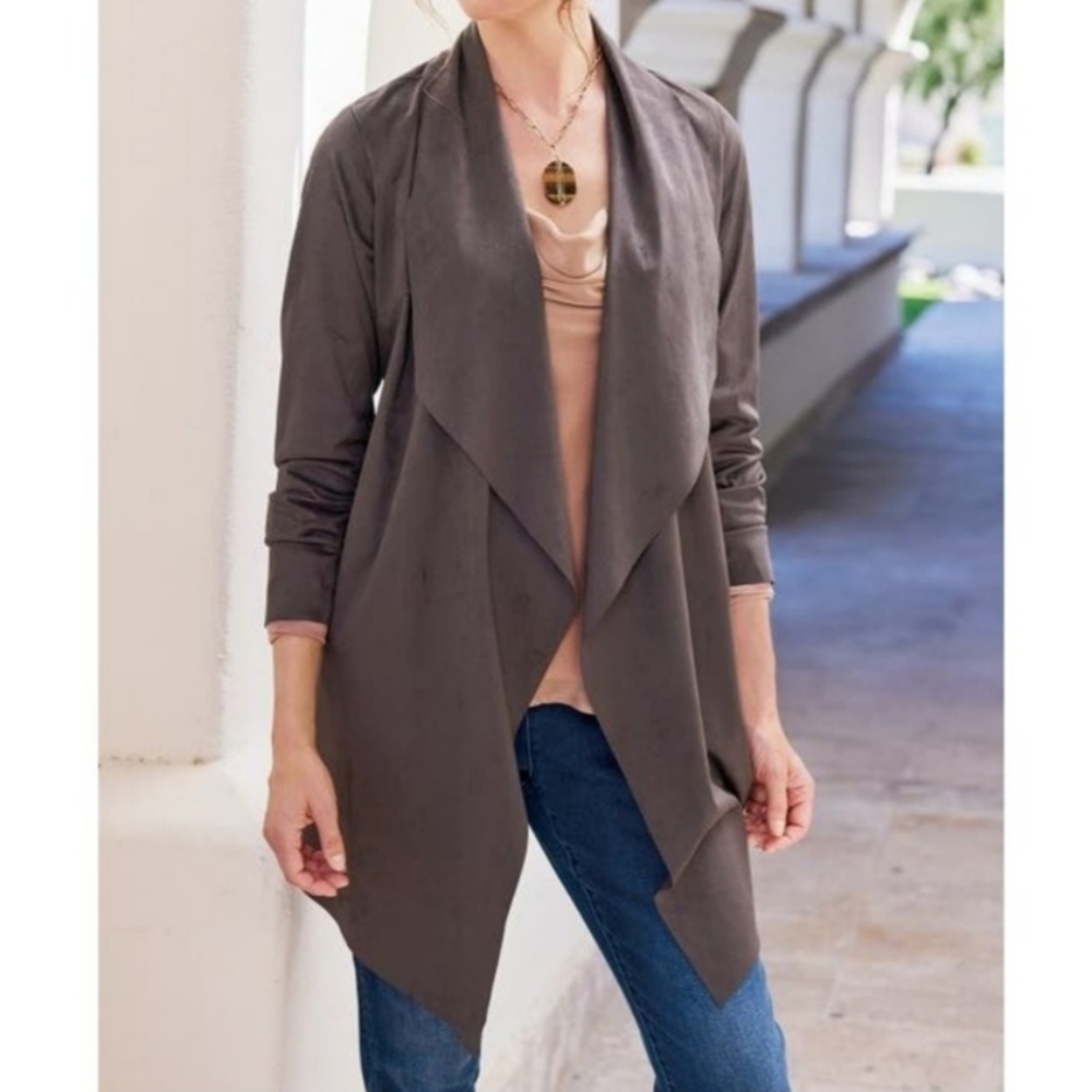 Soft Surroundings Faux Suede Waterfall Open Front Cardigan Gray Size Medium